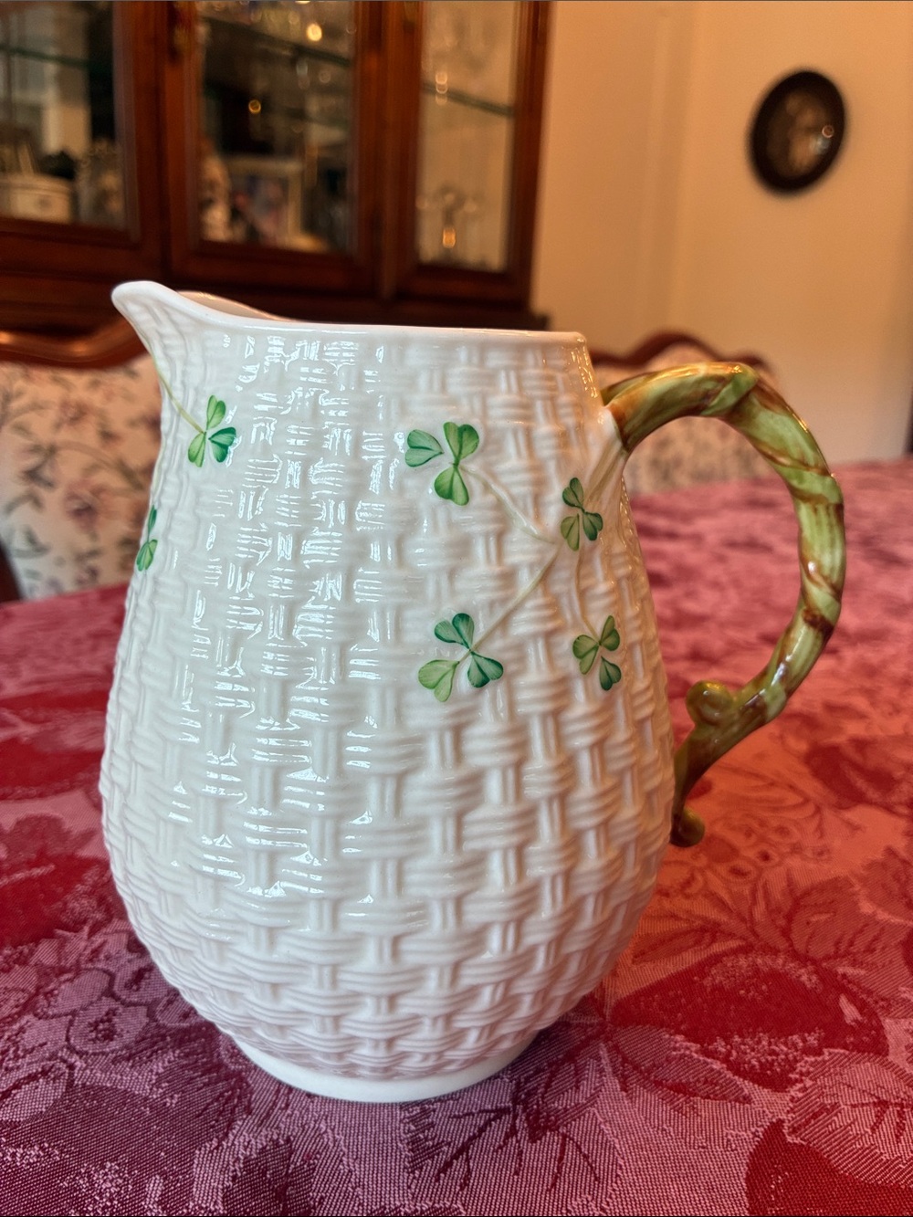 Belleek Vintage Pitcher (6”, basket weave, shamrock pattern)